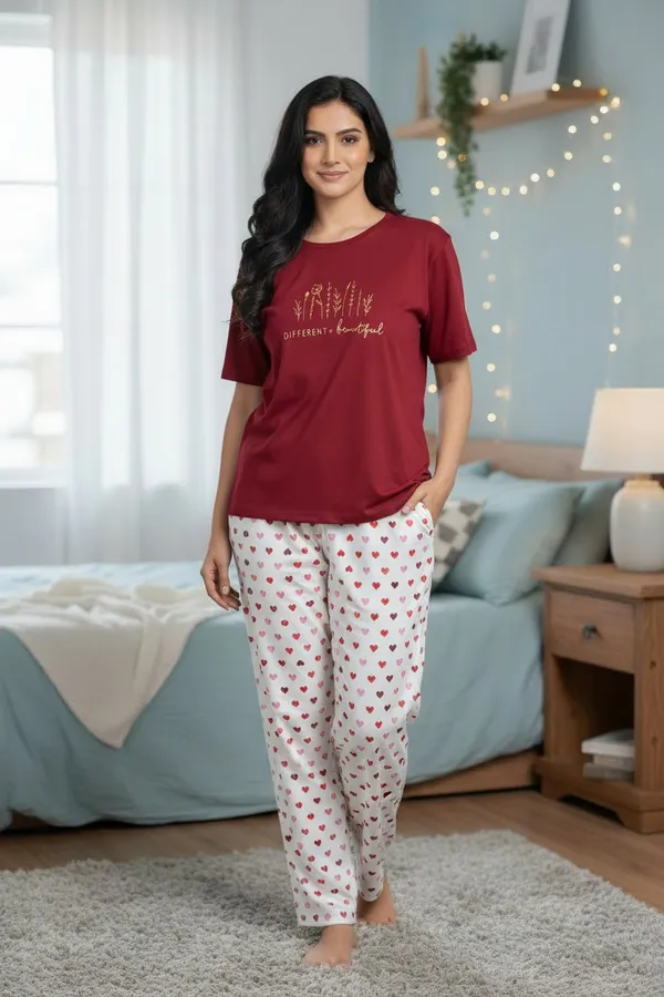 Red_Cotton_Knit_Short_Sleeve_Top_And_Capri_Pajama_Night_Suit_For_Women