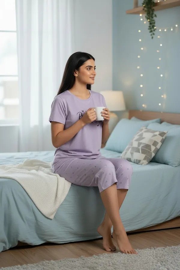 Light_Purple_Cotton_Knit_Short_Sleeve_Top_And_Capri_Pajama_Night_Suit_For_Women