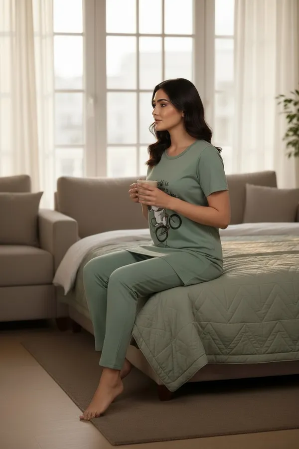 Light_Green_Cotton_Knit_Short_Sleeve_Long_Top_And_Pajama_Night_Suit_For_Women