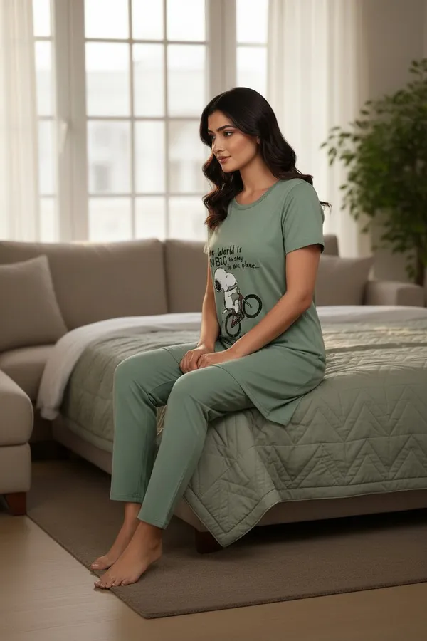Light_Green_Cotton_Knit_Short_Sleeve_Long_Top_And_Pajama_Night_Suit_For_Women