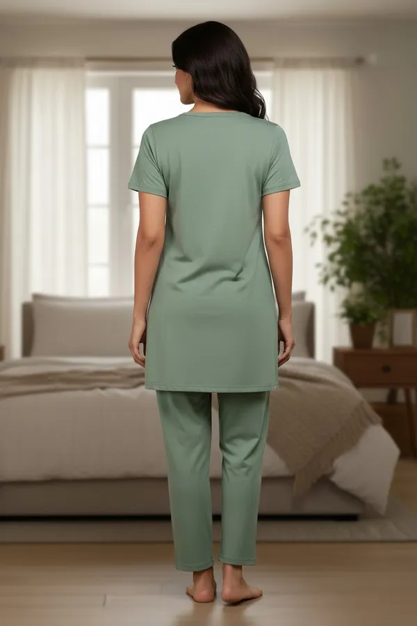 Light_Green_Cotton_Knit_Short_Sleeve_Long_Top_And_Pajama_Night_Suit_For_Women