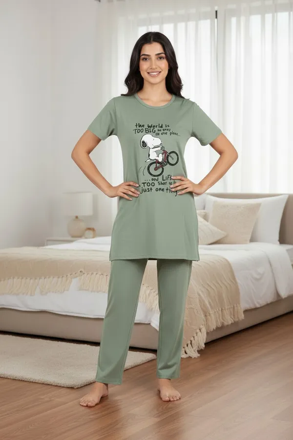 Light_Green_Cotton_Knit_Short_Sleeve_Long_Top_And_Pajama_Night_Suit_For_Women