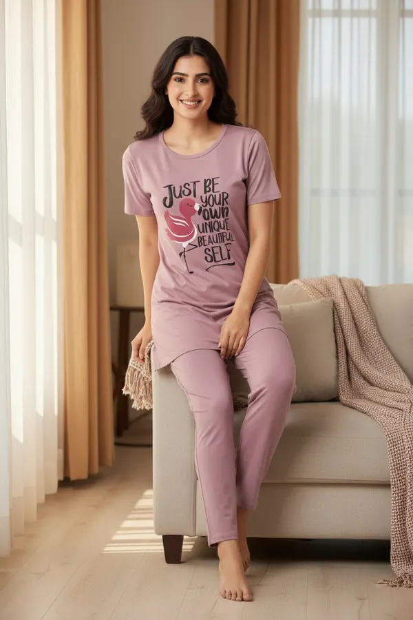 Light_Purple_Cotton_Knit_Short_Sleeve_Long_Top_And_Pajama_Night_Suit_For_Women