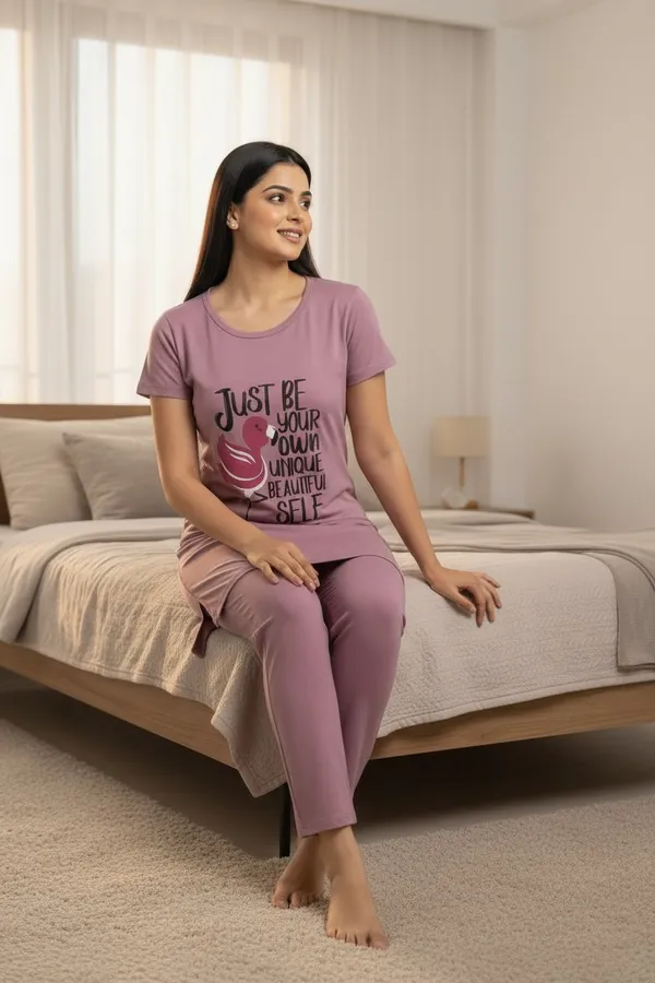 Light_Purple_Cotton_Knit_Short_Sleeve_Long_Top_And_Pajama_Night_Suit_For_Women