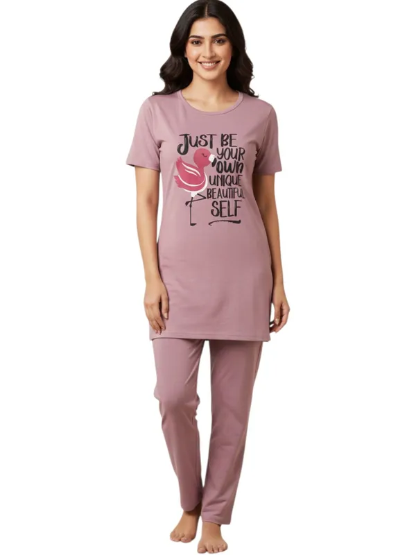 Light_Purple_Cotton_Knit_Short_Sleeve_Long_Top_And_Pajama_Night_Suit_For_Women