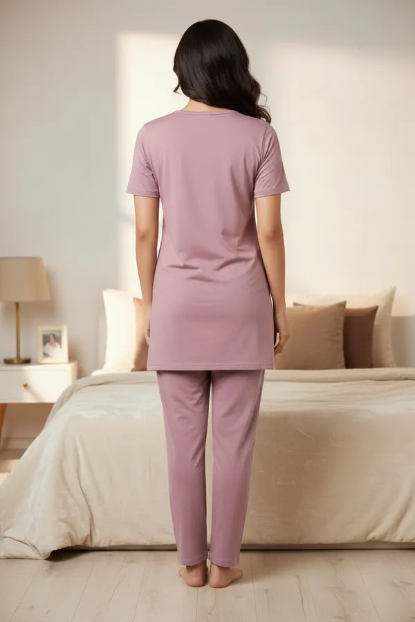 Light_Purple_Cotton_Knit_Short_Sleeve_Long_Top_And_Pajama_Night_Suit_For_Women