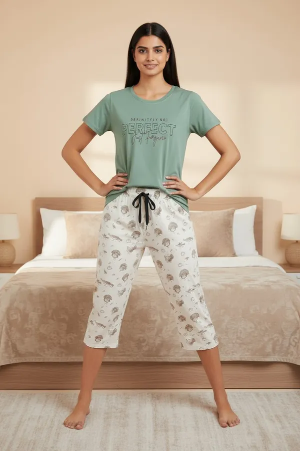 Green_Cotton_Knit_Short_Sleeve_Top_And_Capri_Pajama_Night_Suit_For_Women