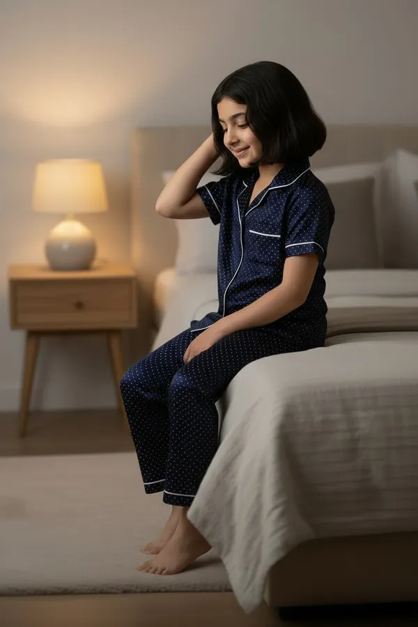 Navy_Blue_Cotton_Short_Sleeve_Night_Suit_Set_For_Girls