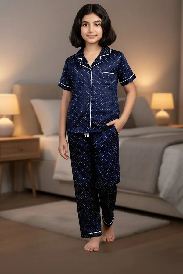 Navy_Blue_Cotton_Short_Sleeve_Night_Suit_Set_For_Girls