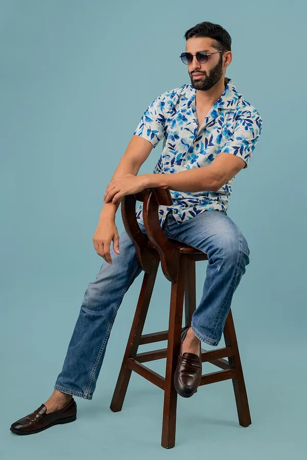 White_And_Blue_Watercolor_Floral_Print_Relaxed_Fit_Half_Sleeve_Shirt_For_Men