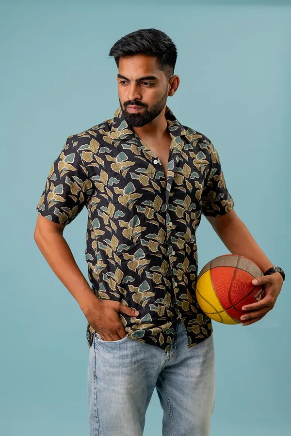 Black_Leaf_Print_Regular_Fit_Half_Sleeve_Shirt_For_Men