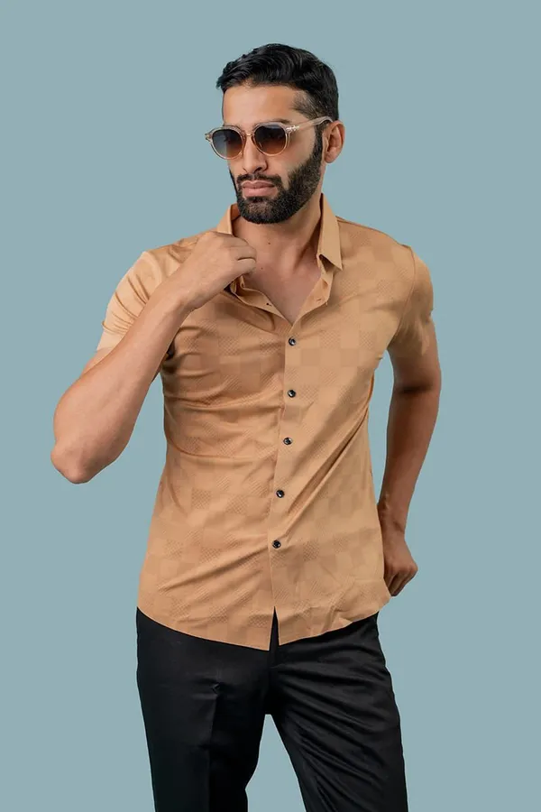 Tan_Cotton_Slim_Fit_Short_Sleeve_Casual_Shirt_For_Men