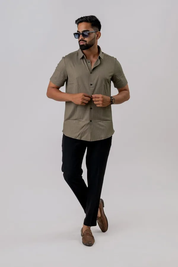 Olive_Green_Striped_Regular_Fit_Half_Sleeve_Shirt_For_Men