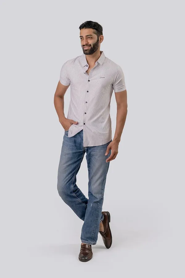 White_Striped_Short_Sleeve_Casual_Shirt_For_Men