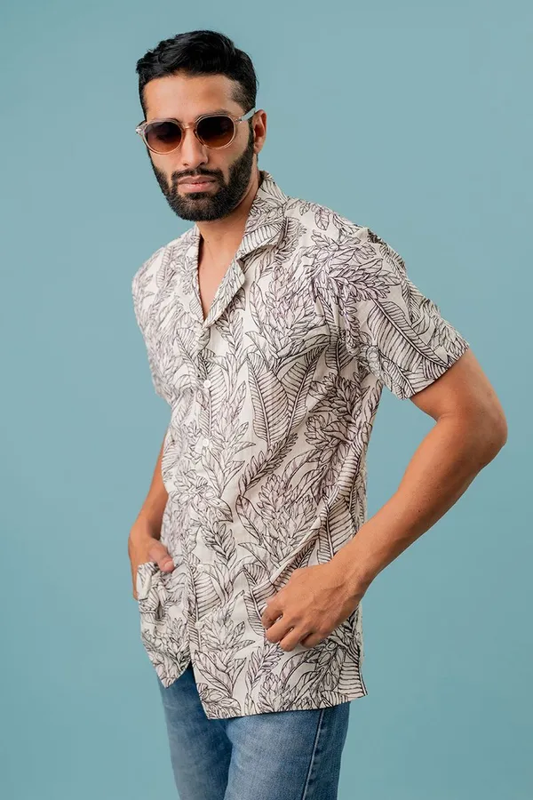 Beige_Tropical_Print_Regular_Fit_Short_Sleeve_Shirt_For_Men