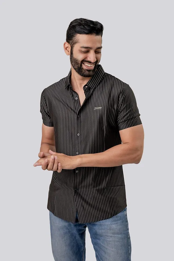Black_Striped_Short_Sleeve_Casual_Shirt_For_Men
