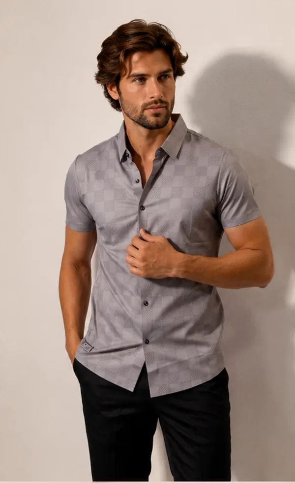 Grey_Textured_Half_Sleeve_Casual_Shirt_For_Men