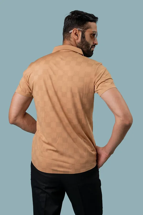 Tan_Cotton_Slim_Fit_Short_Sleeve_Casual_Shirt_For_Men