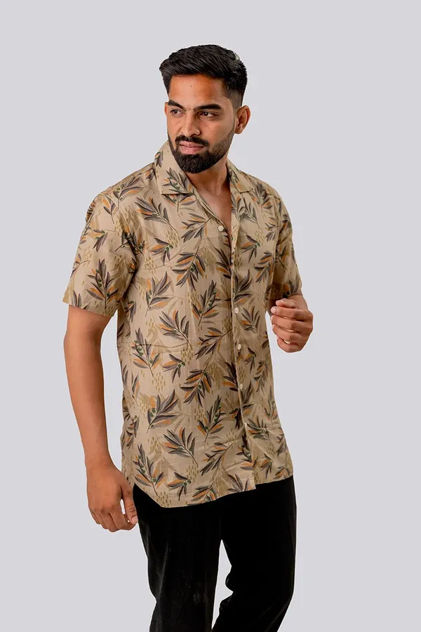Beige_Botanical_Print_Regular_Fit_Half_Sleeve_Casual_Shirt_For_Men