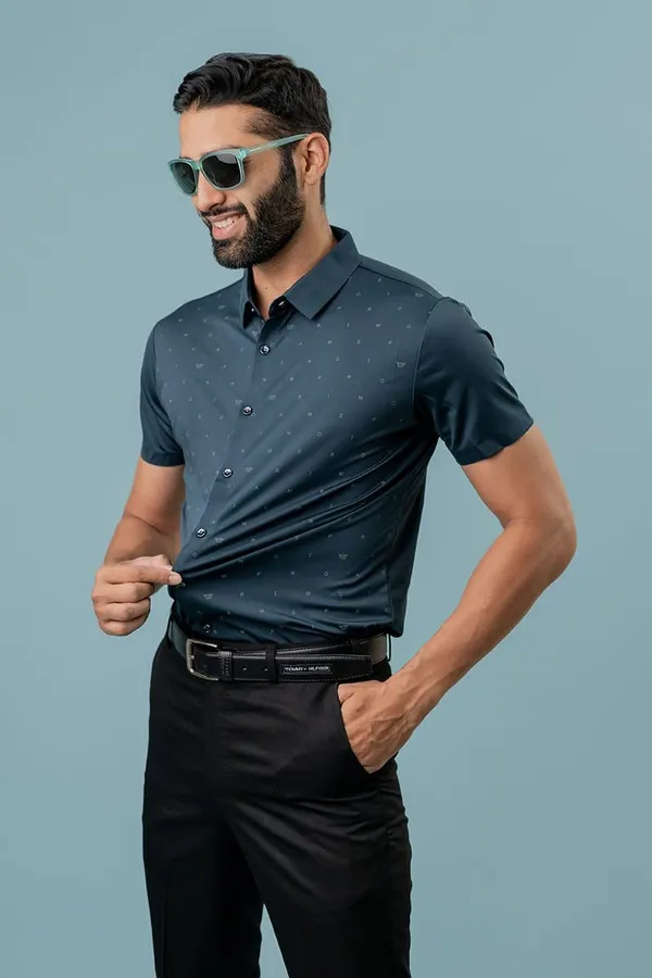 Navy_Blue_Dotted_Slim_Fit_Half_Sleeve_Shirt_For_Men