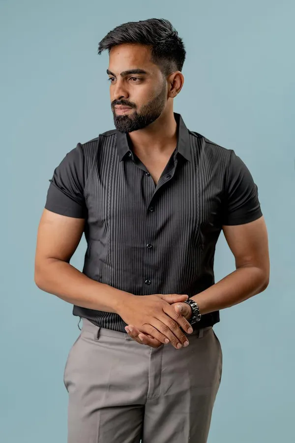 Black_Textured_Short_Sleeve_Formal_Shirt_For_Men