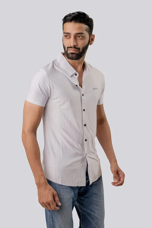 White_Striped_Short_Sleeve_Casual_Shirt_For_Men