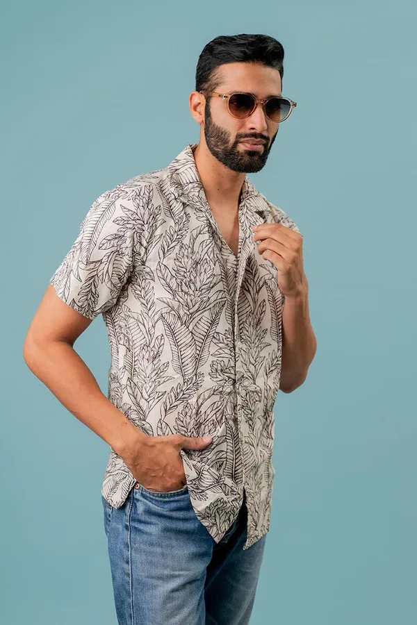 Beige_Tropical_Print_Regular_Fit_Short_Sleeve_Shirt_For_Men