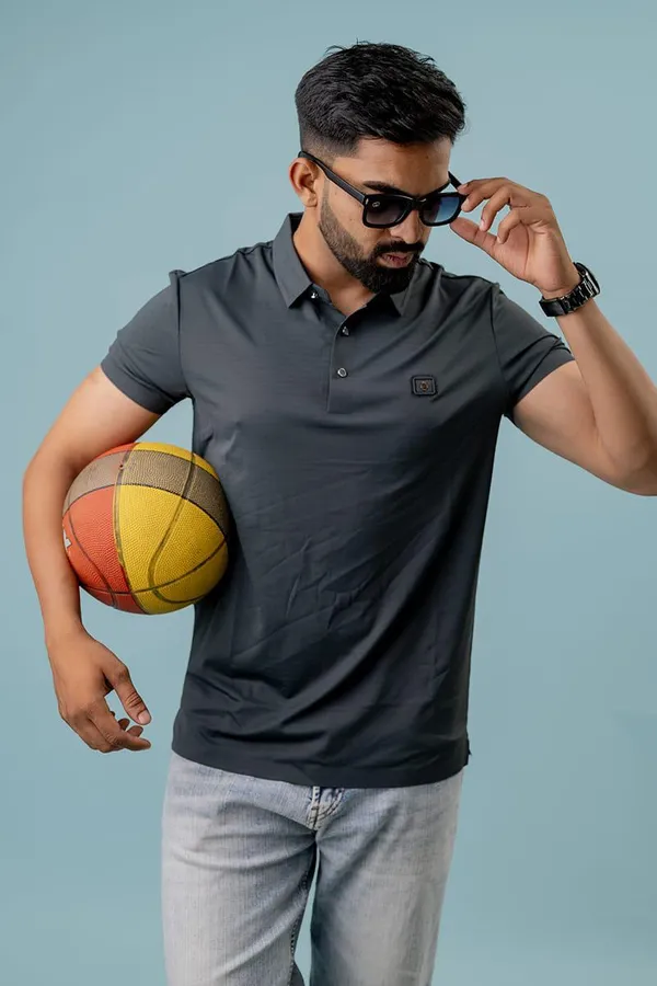 Charcoal_Grey_Spandex_Regular_Fit_Polo_T-Shirt_For_Men