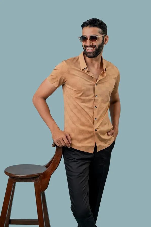 Tan_Cotton_Slim_Fit_Short_Sleeve_Casual_Shirt_For_Men