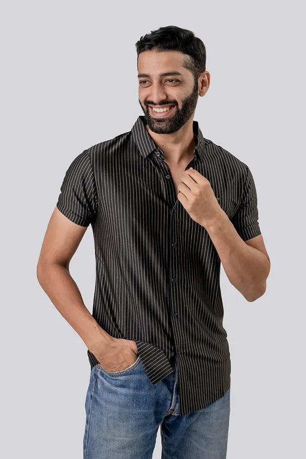 Black_Striped_Short_Sleeve_Casual_Shirt_For_Men