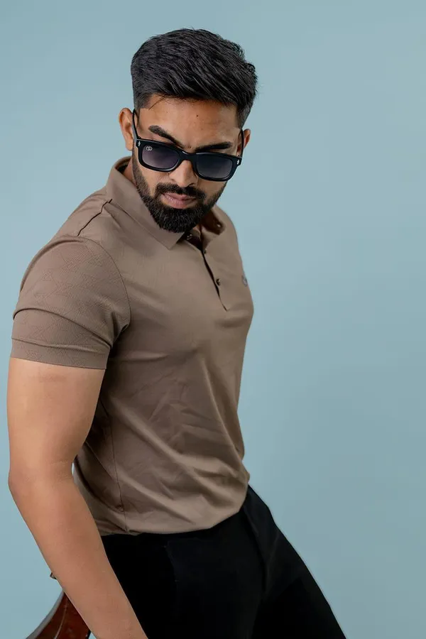 Taupe_Textured_Regular_Fit_Polo_T-Shirt_For_Men