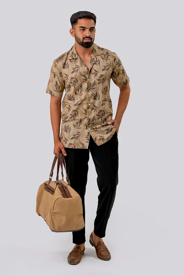 Beige_Botanical_Print_Regular_Fit_Half_Sleeve_Casual_Shirt_For_Men
