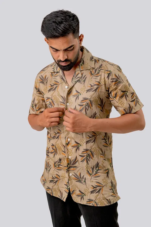 Beige_Botanical_Print_Regular_Fit_Half_Sleeve_Casual_Shirt_For_Men