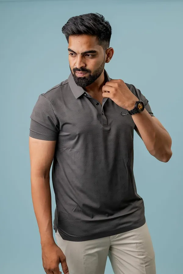 Grey_Textured_Regular_Fit_Polo_T-Shirt_For_Men