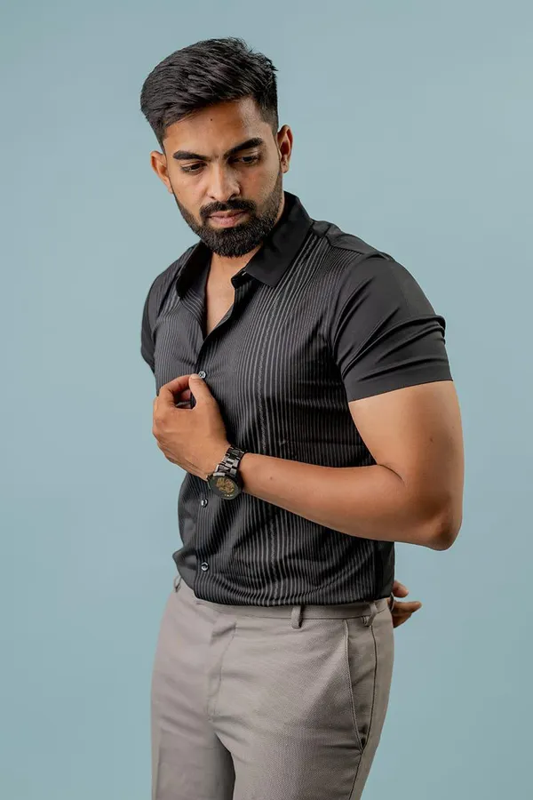 Black_Textured_Short_Sleeve_Formal_Shirt_For_Men