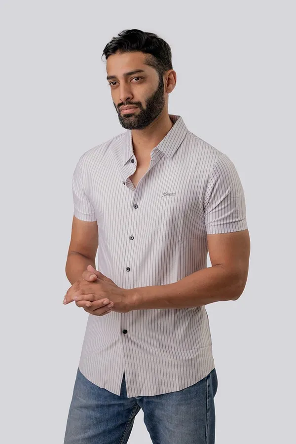 White_Striped_Short_Sleeve_Casual_Shirt_For_Men