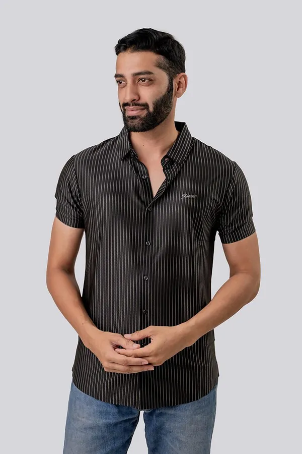 Black_Striped_Short_Sleeve_Casual_Shirt_For_Men