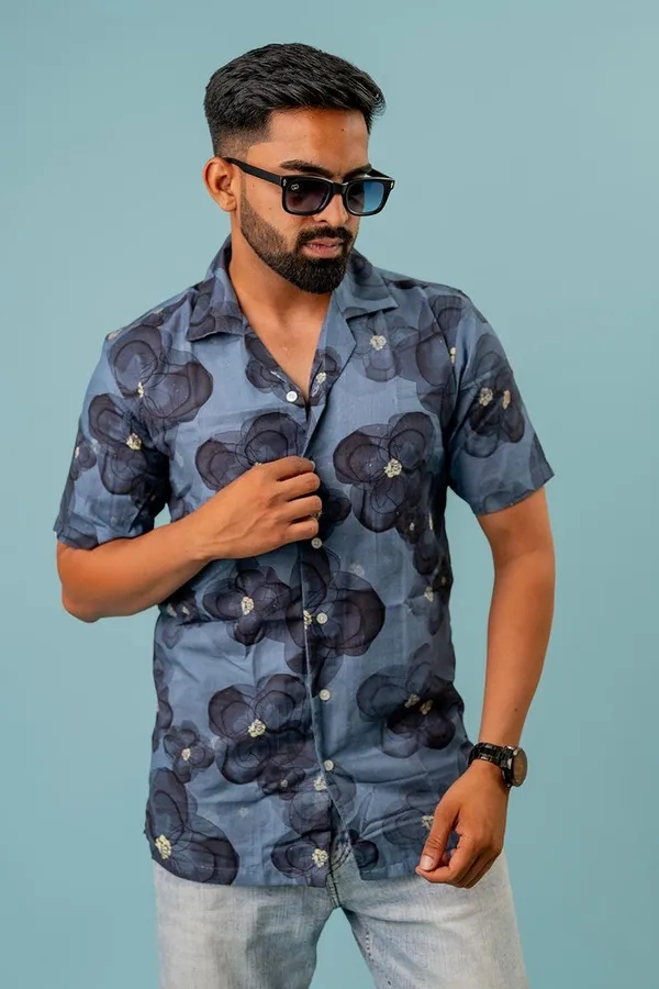 Blue_Floral_Print_Regular_Fit_Short_Sleeve_Casual_Shirt_For_Men