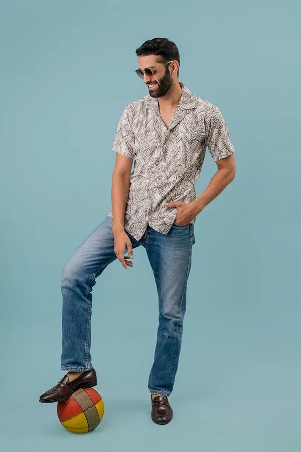 Beige_Tropical_Print_Regular_Fit_Short_Sleeve_Shirt_For_Men