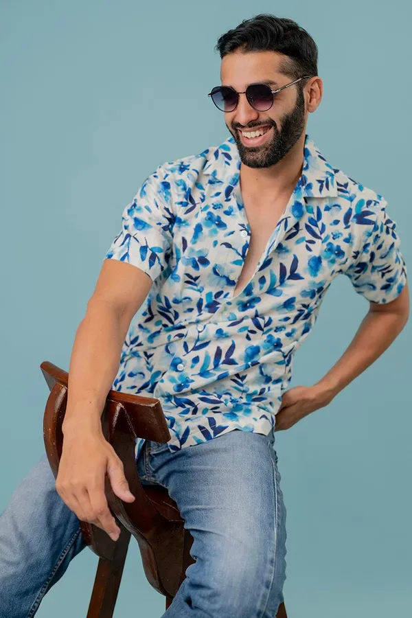 White_And_Blue_Watercolor_Floral_Print_Relaxed_Fit_Half_Sleeve_Shirt_For_Men