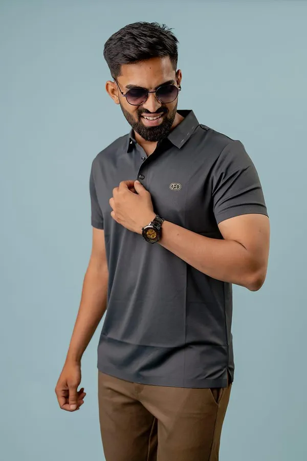 Grey_Spandex_Regular_Fit_Polo_T-Shirt_For_Men