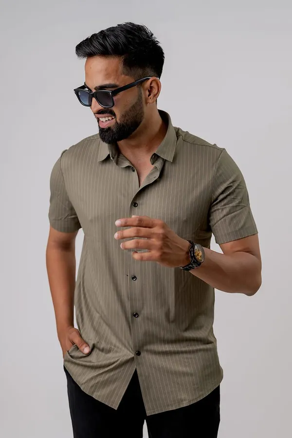 Olive_Green_Striped_Regular_Fit_Half_Sleeve_Shirt_For_Men