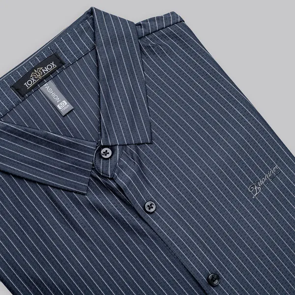 Navy_Blue_Striped_Slim_Fit_Short_Sleeve_Casual_Shirt_For_Men