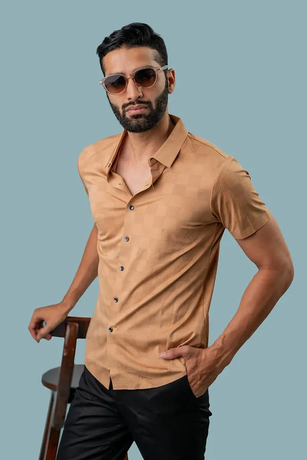 Tan_Cotton_Slim_Fit_Short_Sleeve_Casual_Shirt_For_Men