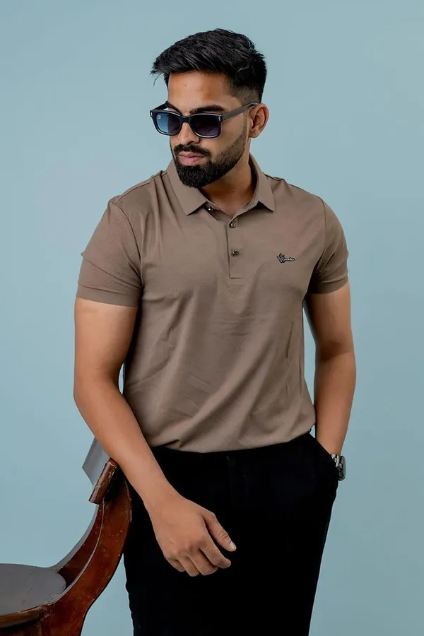 Taupe_Textured_Regular_Fit_Polo_T-Shirt_For_Men