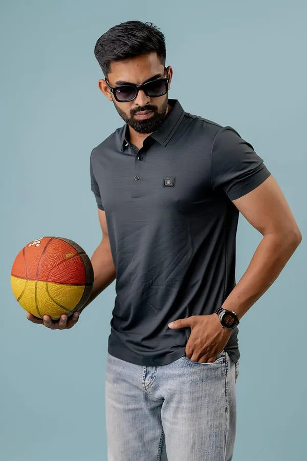 Charcoal_Grey_Spandex_Regular_Fit_Polo_T-Shirt_For_Men