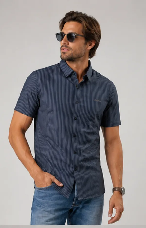 Navy_Blue_Striped_Slim_Fit_Short_Sleeve_Casual_Shirt_For_Men