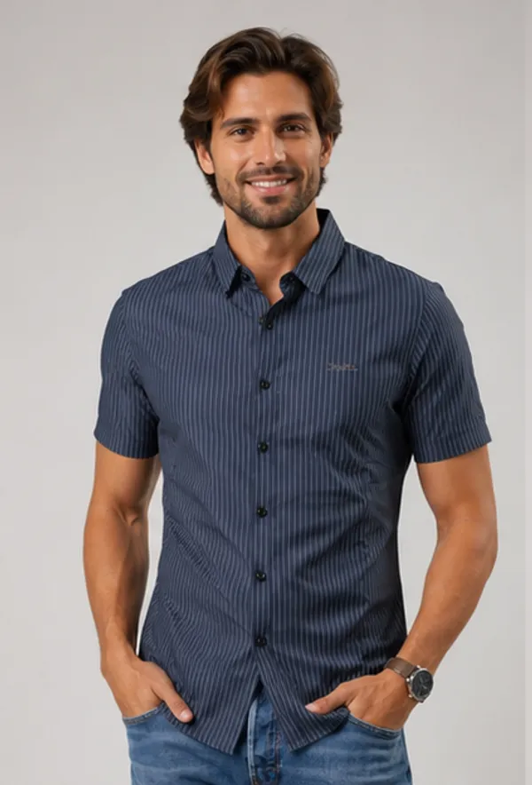 Navy_Blue_Striped_Slim_Fit_Short_Sleeve_Casual_Shirt_For_Men