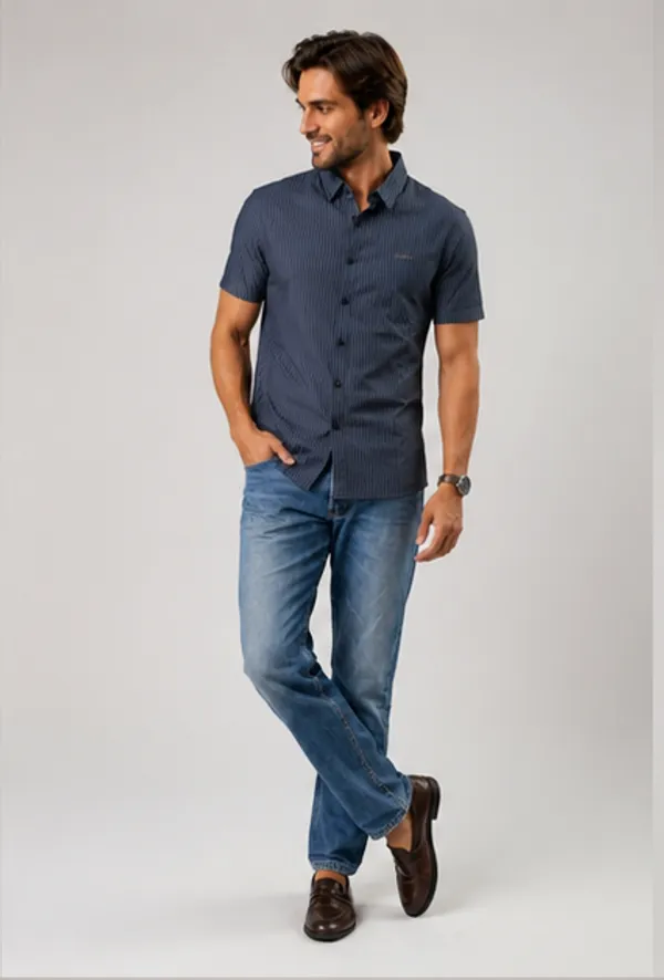 Navy_Blue_Striped_Slim_Fit_Short_Sleeve_Casual_Shirt_For_Men