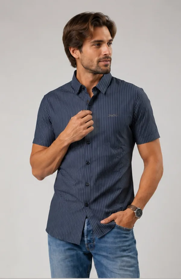 Navy_Blue_Striped_Slim_Fit_Short_Sleeve_Casual_Shirt_For_Men